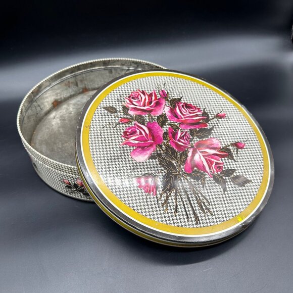 Vintage Biscuit Tin 1950s Huntley and Palmers Tweed Rose Pink Metal England Cott - Picture 1 of 11